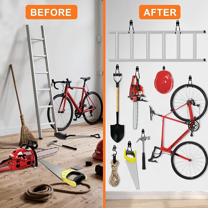 Heavy Duty Garage Hooks Storage, Anti-Slip Steel Wall Mount Multi-Size Utility Hangers Organizer for Ladders, Bikes, Garden Tools, Hose with 32 Screws Hardware Kit (Black, 20 Pack)