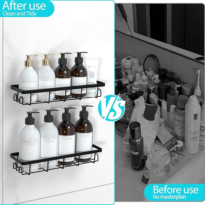 Shower Caddy Organizer with Hooks,Self Adhesive Bathroom Shelves,No Drilling Bathroom Organizers and Storage,Perfect for RV, Apartment, Home Decor,Black 4PCS