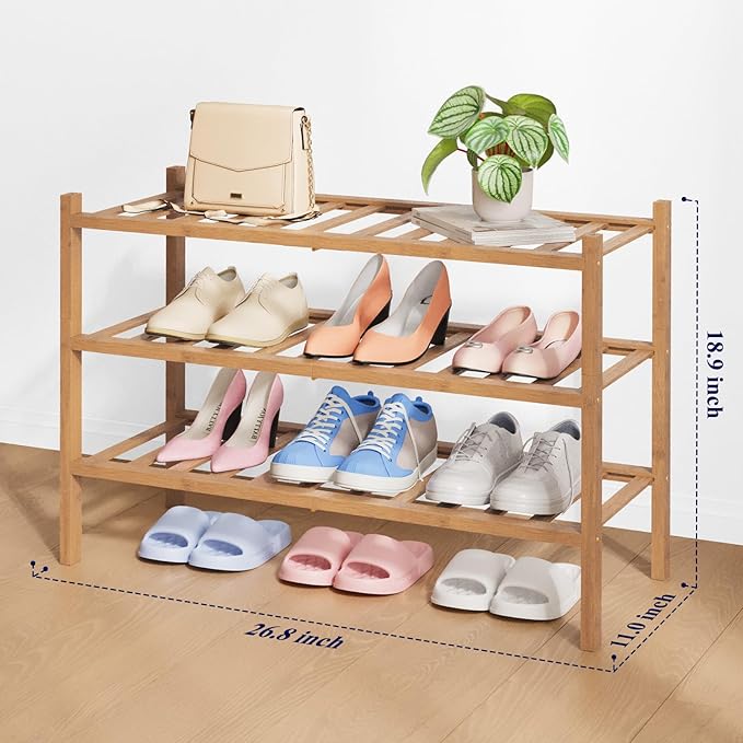 Kitsure Bamboo Wooden Shoe Rack for Closet - Stackable Shoe Organizer with Modular Structure, Space-Saving Shoe Shelf for Entryway, Living Room, Bedroom, 26.8" Wide - 3 Tiers, Brown