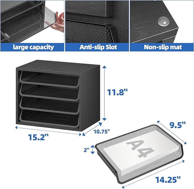 Simple Trending Desk File Organizers, 4-Tier Letter Tray Paper Organizer with File Holder, Wooden Paper Sorter for Office Supplies, Black
