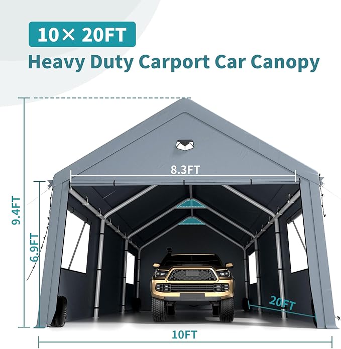 Heavy Duty Carport Canopy 10x20FT,Extra Large Portable Car Tent Garage with Roll-up Windows and All-Season Tarp Cover,Removable Roof&Side Wall for Car,SUV,Boats&Truck Shelter Logic Storage