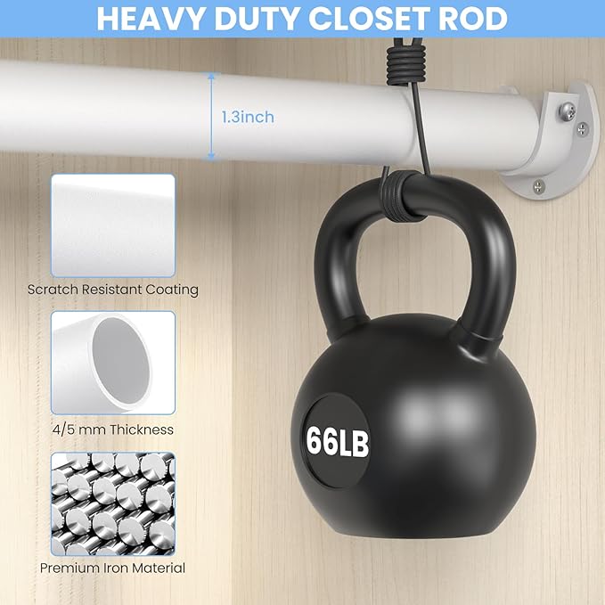 Closet Rods for Hanging Clothes, 17 to 28 Inch Heavy Duty Stepless Adjustable Closet Hanging Rod, 1.3 Inch Diameter Metal Closet Rod for Wardrobes Laundry Bedroom RV, White