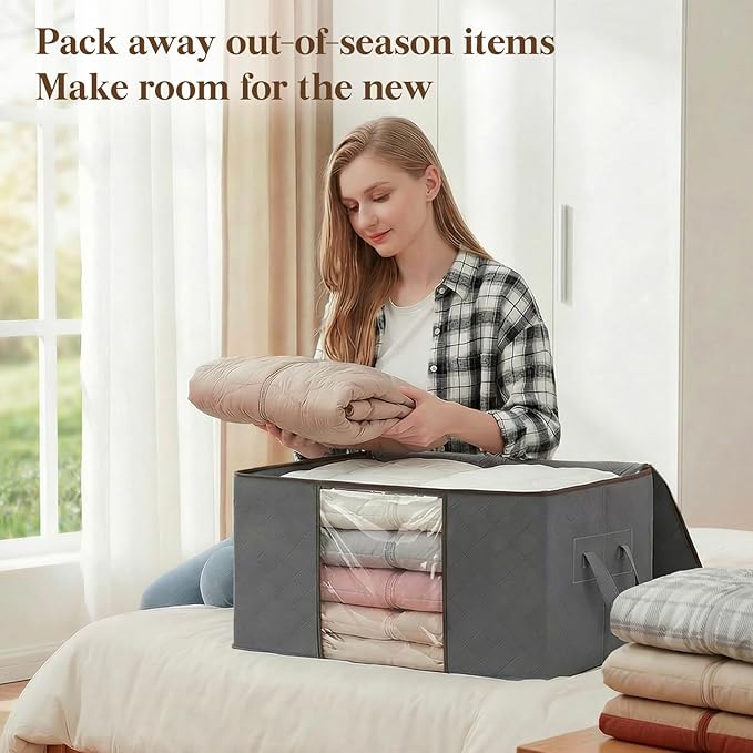 Lifewit 3 Pack 90L Clothes Storage Bins with Lids, Foldable Blanket Storage Bags with Zippers, Clear Window and Reinforced Handles, Closet and Organization for Clothing, Sweater, Comforter, Bedding