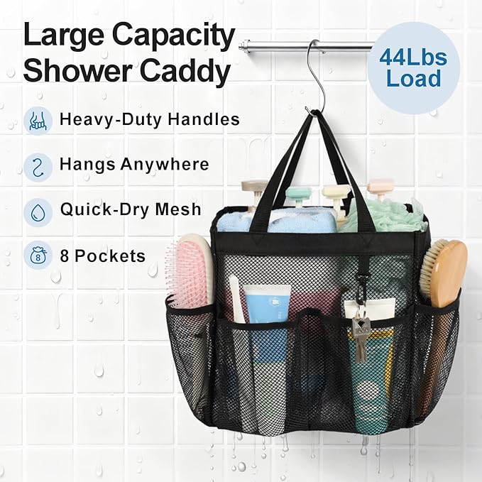 F-color Mesh Shower Caddy Portable with 2 Pack Name Tags, Upgrade Deeper 7 Pockets Shower Bag Tote for College Dorm Room Toiletry Bathroom Essentials Gym Camp Quick Dry 2 handles with S Hook, Black
