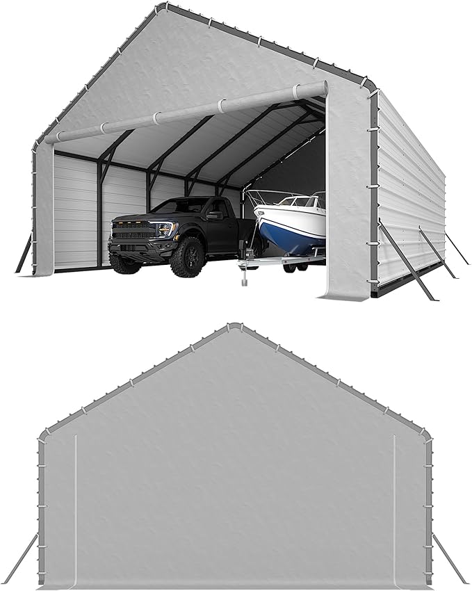 GarveeLife Heavy-Duty PE Enclosure Kit (2-Pack) for Metal Carport - 220gsm Roll-Up Zipper Door Panels for 20x25, 20x20 ft, with Ball Bungees, Gray