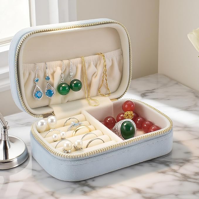 Small Travel Jewelry Case for Women - Plush Velvet Portable Organizer, Holds 20+ Bracelet/Necklace/Earrings/Rings, Giftable Storage Display Box Zipper, Mother/Bridesmaid/Girlfriend Gift (Blue)
