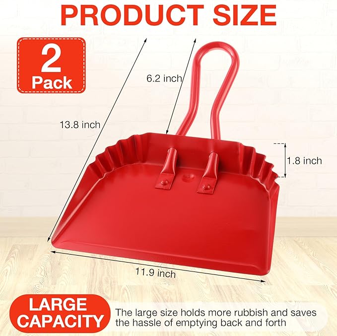 Mumufy 2-Pack Heavy Duty Stainless Steel Red Dustpan - 12" Wide Metal Edge for No-Leak Sweeping, Rust-Resistant for Home Garage Studio Courtyard Indoor Outdoor