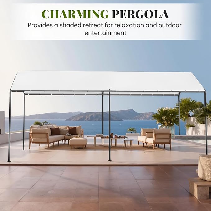 Carport, 10‘ x 20’ Heavy Duty Portable Garage All-Season Car Canopy, Outdoor Garage Boat Shelter Carport Canopy Party Tent w/Water-Resistant Tarp for Backyard (White, 10' x 20' /no Side)