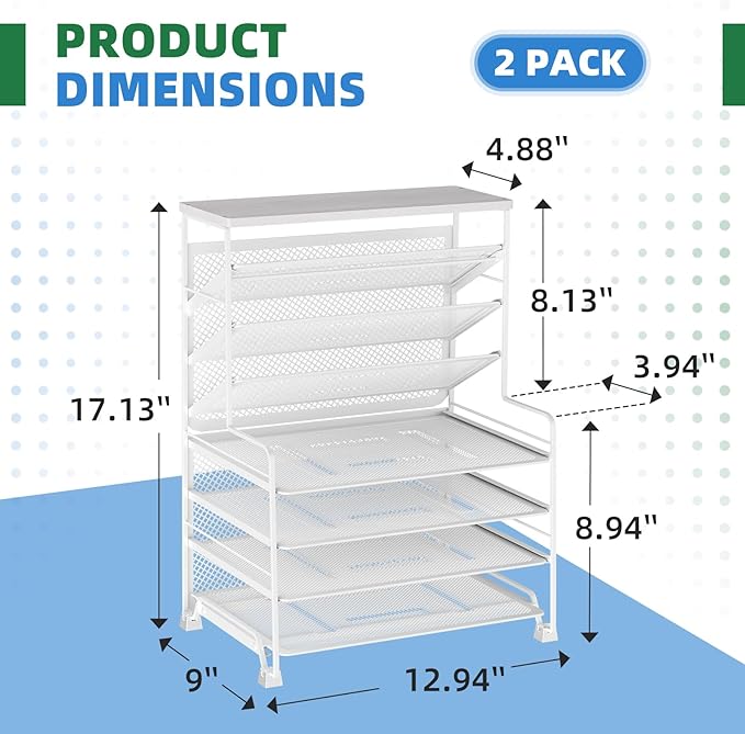 Simple Trending 7 Tier Desk File Organizer, 2 Pack Letter Tray Paper Organizer, Mesh Desk Accessories File Folder for Office, Home or School, White