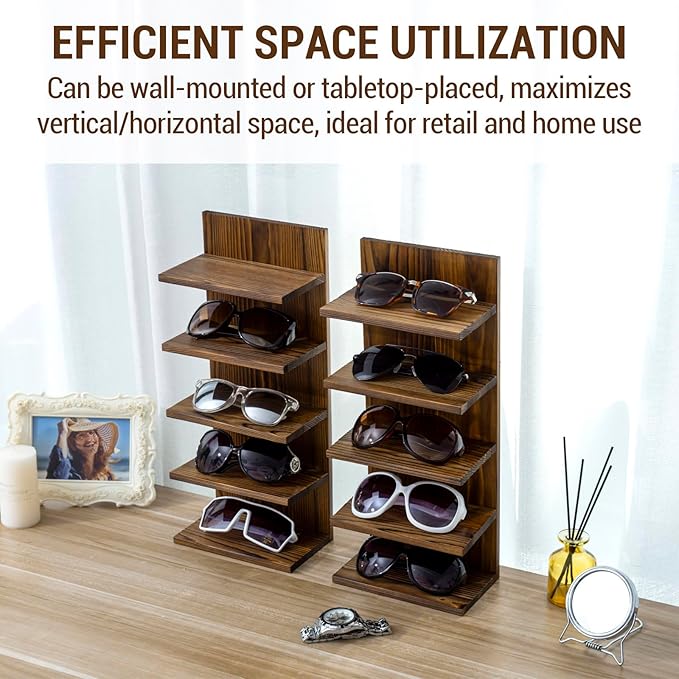 MyGift 5-Tier Rustic Burnt Solid Wood Sunglasses Holder Rack, Wall-Mount or Tabletop Eyewear Display Stand, Retail and Home Glasses Organizer, Set of 2