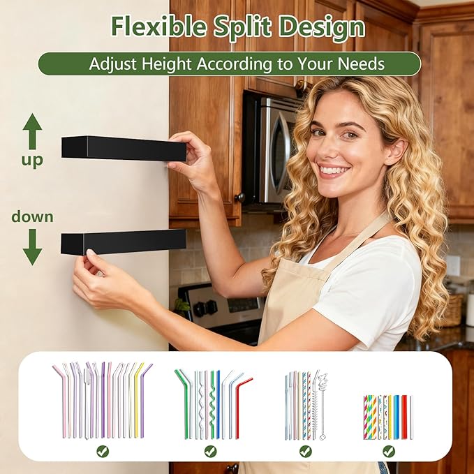 9.5” Large Acrylic Straw Holder for Cabinet Door - Reusable Tumbler Straw Organizer Storage, Small Kitchen Accessories Container, Ultra Sticky Cupboard Door Mounted (Black)