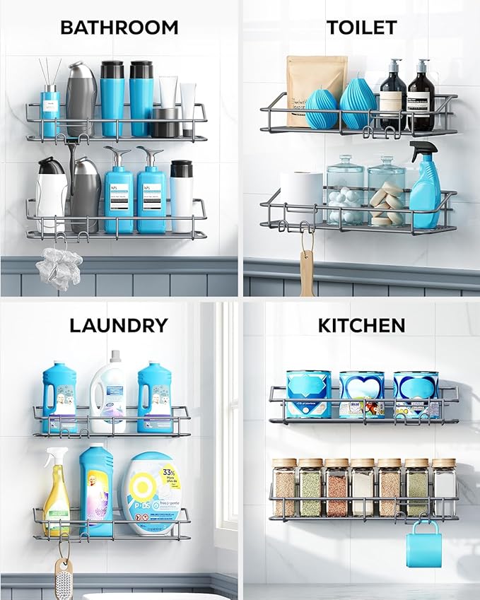 Nieifi Shower Caddy Shelf with Hooks Storage Rack Organizer Adhesive Stainless Steel Without Drilling for Bathroom, Lavatory, Washroom, Restroom, Shower, Toilet, Kitchen - 2 Pack (Gray)
