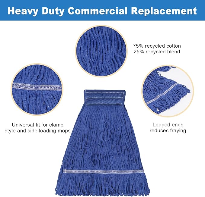 3 Pack 3 Pack Heavy Mop Replace Head，Commerical Replacement Mop Heads Suitable for Heavy Commercial Industrial Residential Areas -Blue Cotton Looped Replace Mop Head (Deep Blue)
