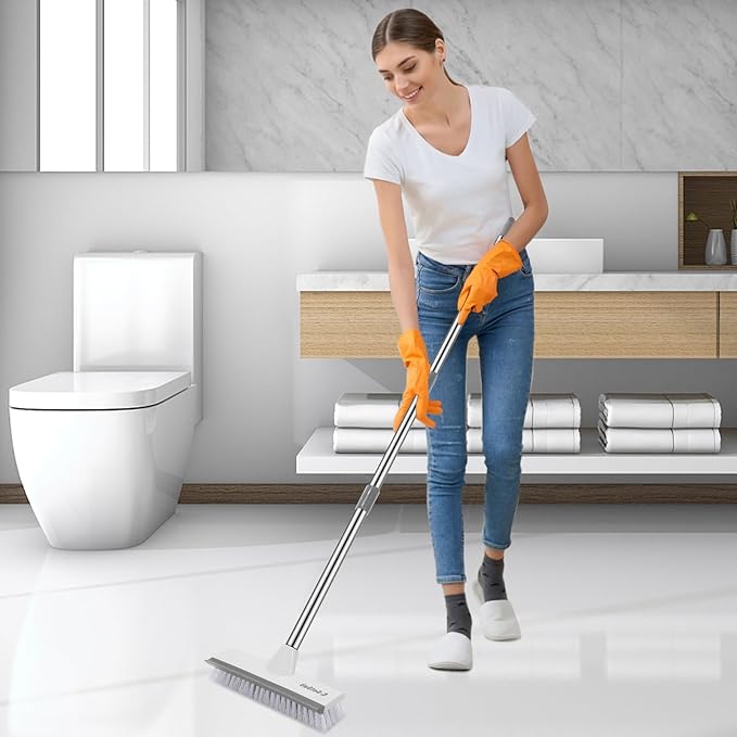 SetSail Floor Scrub Brush with 51-Inch Long Adjustable Handle 2 in 1 Scrape Brush Stiff Bristle Floor Scrubber for Cleaning Shower Bathroom Garage Kitchen Wall Deck Tub Tile, 2 Pack (Grey White)
