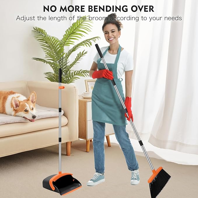 Broom and Dustpan Set, 55-in Long Adjustable Handle Broom with Dustpan Combo Set with Dustpans Teeth to Automatically Clean Hair Suitable for Home Kitchen Office Hall Lobby, Large(Black&Orange)