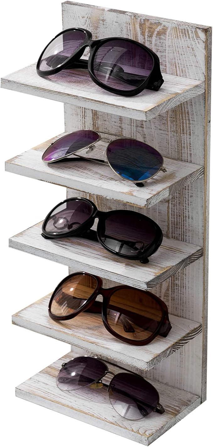 MyGift 5-Tier Vintage Whitewashed Wood Sunglasses Holder for Home Wall Organizer and Retail Display Case