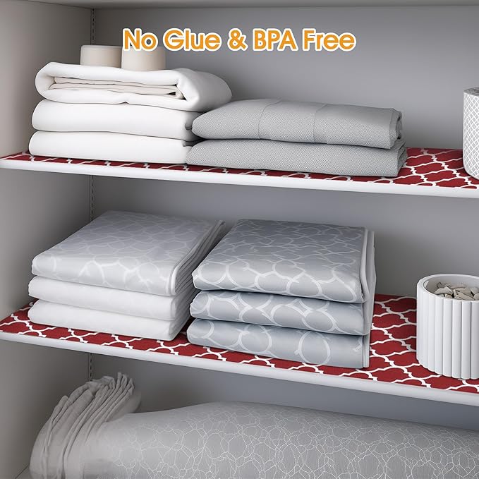Shelf and Drawer Liner for Kitchen Cabinets Non-Adhesive, Strong Grip Non-Slip Thickened Cabinet Liners for Shelves, Waterproof Mats for Dresser Cupboard, Red/White, 12 in x 20 Feet