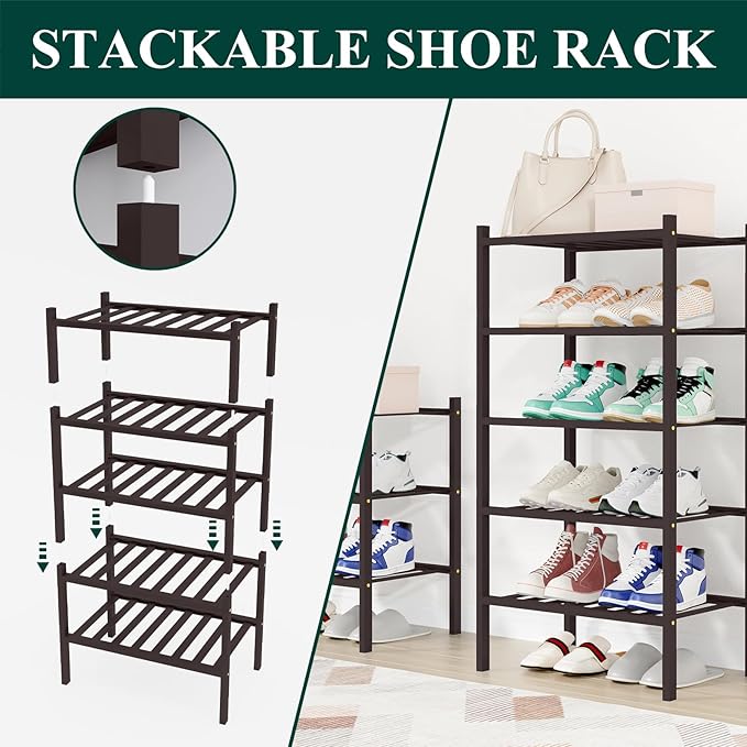 Smiry Shoe Rack, 2 Tier Small Bamboo Shoe Organizer, Stackable Free Standing Wooden Shoe Storage Shelf for Closet, Entryway, Front Door Entrance, Brown