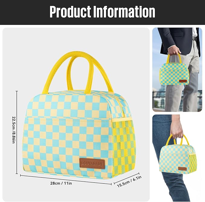 Lunch Bag Women/Men Lunch Box Women/Men (Yellow+Blue Checkerboard)