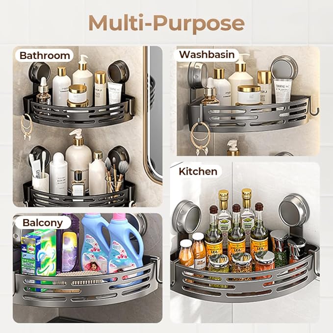 Triangle Suction Cup Corner Shelves, 2026 No Drilling Bathroom Storage Rack, Corner Shower Shelf Suction Cup Shower Caddy Corners Organizer Storage Rack Adhesive with Towel Bar (black, three-layer)