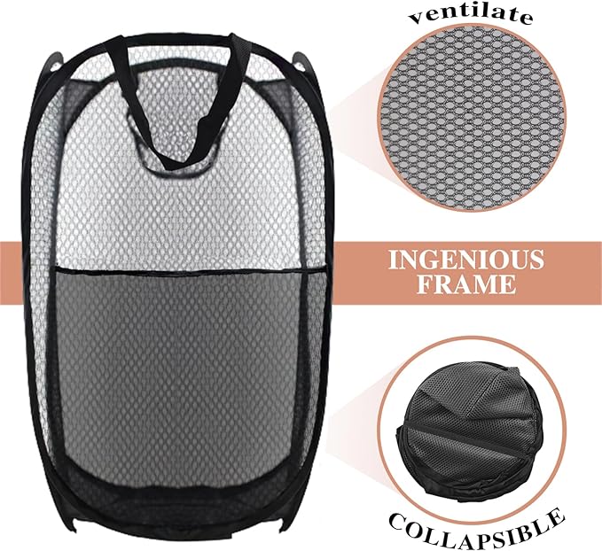 Collapsible Pop Up Laundry Hamper, Extra Large Mesh Foldable Laundry Basket, 28" x 16" x 16"(Black)