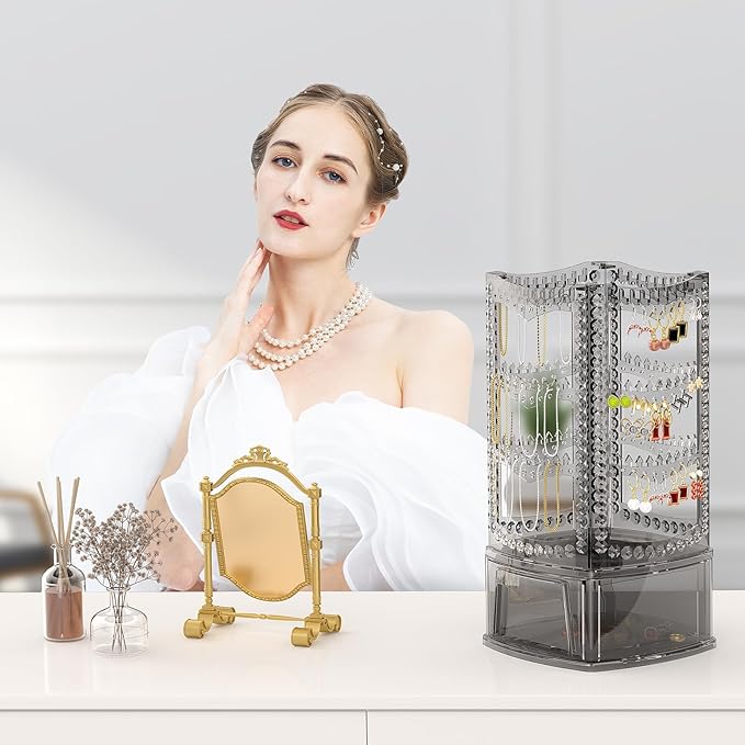 Hanging Jewelry Organizer with 10 Silver Polishing Cloths, Jewelry Holder with 156 Holes and 160 Grooves for Earring, Necklaces, Bracelet with Rotating Hanger, Easy Assembly (Gray)