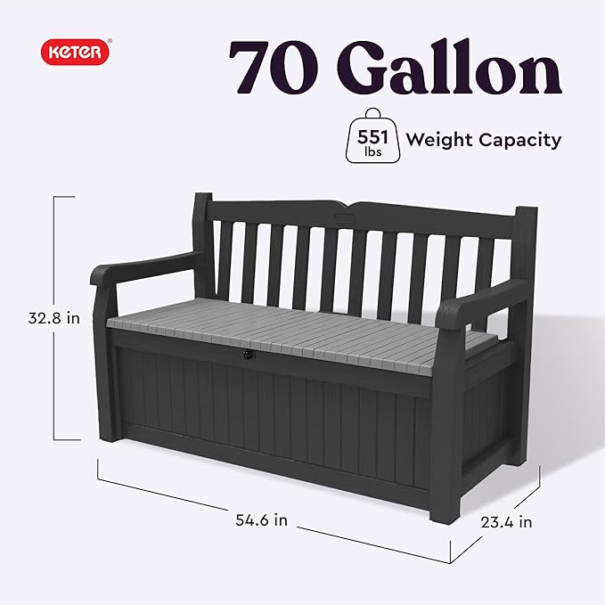 Keter Solana 70 Gallon Storage Bench Deck Box for Patio Storage, Front Porch Decor and Outdoor Seating – Perfect to Store Garden Tools and Pool Floats, Graphite