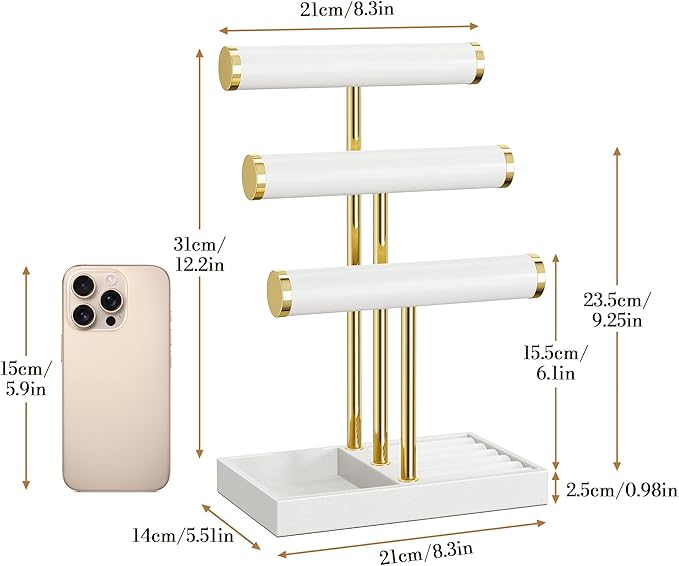3 Tier Bracelet Holder Display - White Leather Bracelet Holder, Detachable T Bar Jewelry Holder Organizer for Bracelet, Necklace, Earrings, Rings, Watches, Bangle