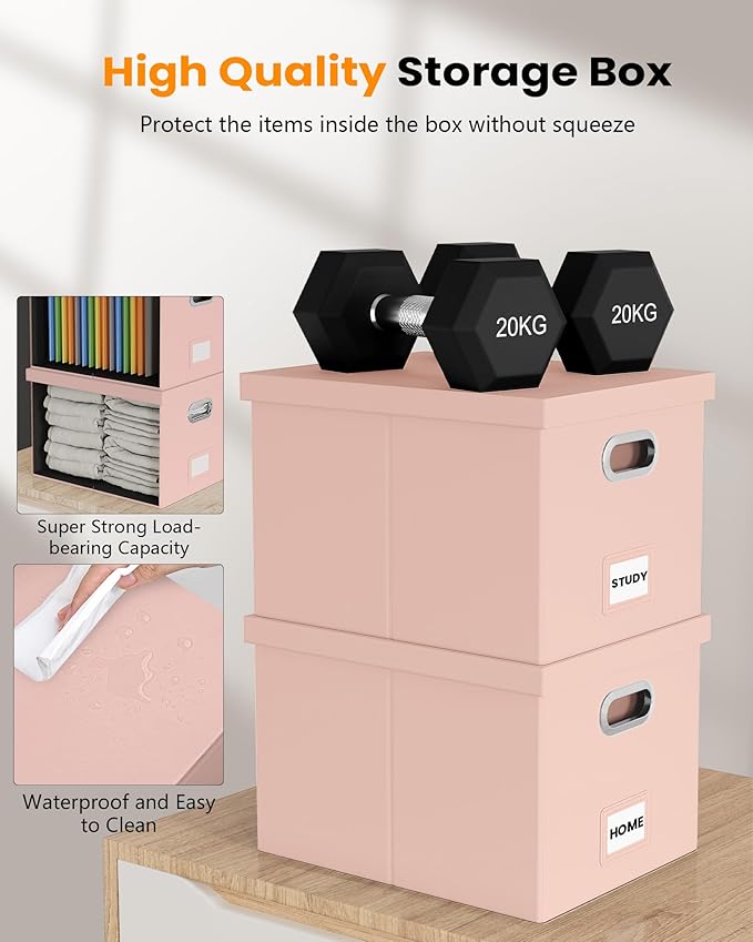 2 Pack File Storage Organizer, Portable File Box with Lid, Fit for Letter/Legal File Folder Storage, Cream-pink (Leather) Box