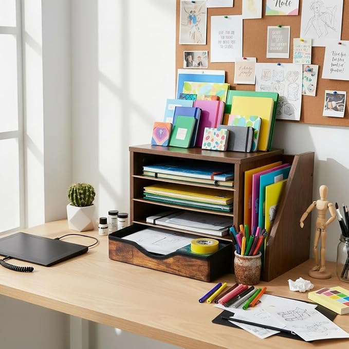 Wooden file Organizer with Drawer, Office Wood Desk Organizer with drawers, with 4 Adjustable Shelves, Mail Sorter with Drawer, Office Desk Paper Holder, Brown