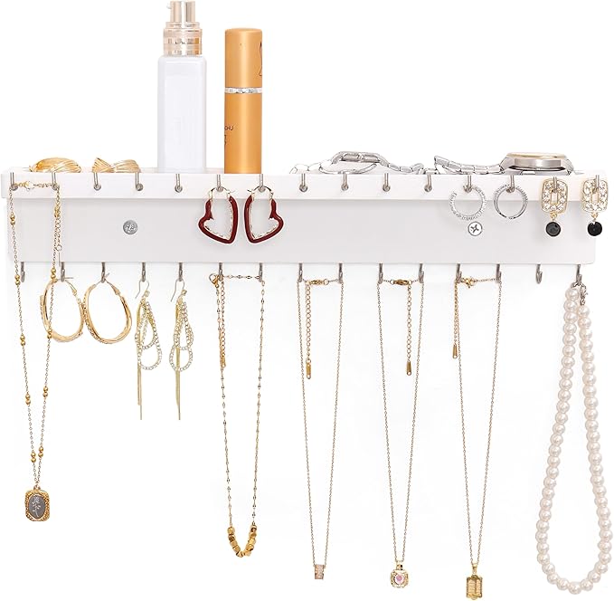 Necklace Holder Organizer Wall Mount,Jewelry Holder Organizer with 30 Hooks,Oak Jewelry Organizer and Storage for Necklaces,Bracelets and Rings (White)