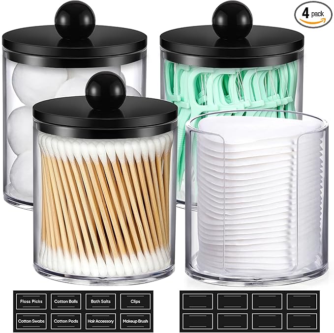 4 Pcs, Acrylic Qtip Holder Dispenser for Cotton Swab, Ball, Round Pads, Floss Picks - Plastic Apothecary Jar Set, Bathroom Canister Decor Storage Accessories, Vanity Makeup Organizer - Clear & Black