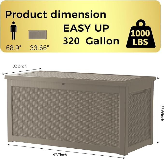 320 Gallon Lockable Resin Outdoor Storage Box, Waterproof & Weather Resistant Deck Box for Patio Cushion, Garden Tools & Pool Accessories, Grey
