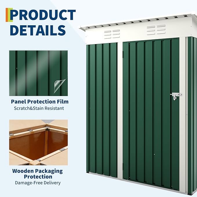 5x3FT Shed & Outdoor,Storage Shed with Lockable Door,Anti-Corrosion Storage House with Sloping Roof for Backyard Outdoor Patio(Green)