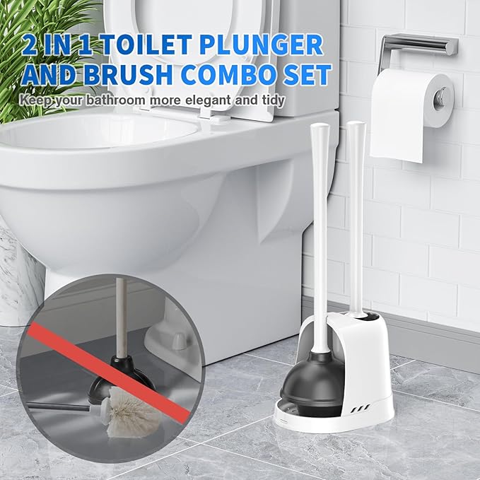 Toilet Plunger and Brush, Bowl Brush and Heavy Duty Toilet Plunger Set with Ventilated Holder, 2-in-1 Toilet Brush and Plunger Combo for 5.3-inch Toilet Drain Bathroom Cleaning (White)