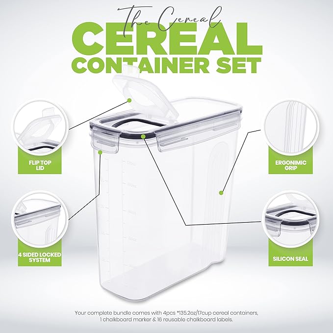 Utopia Kitchen Cereal Containers Storage Set – 2 Pack 4L(135.2 oz) Airtight Food Storage Containers with Lids, BPA-Free Cereal Dispensers for Pantry Organization and Storage (Clear)