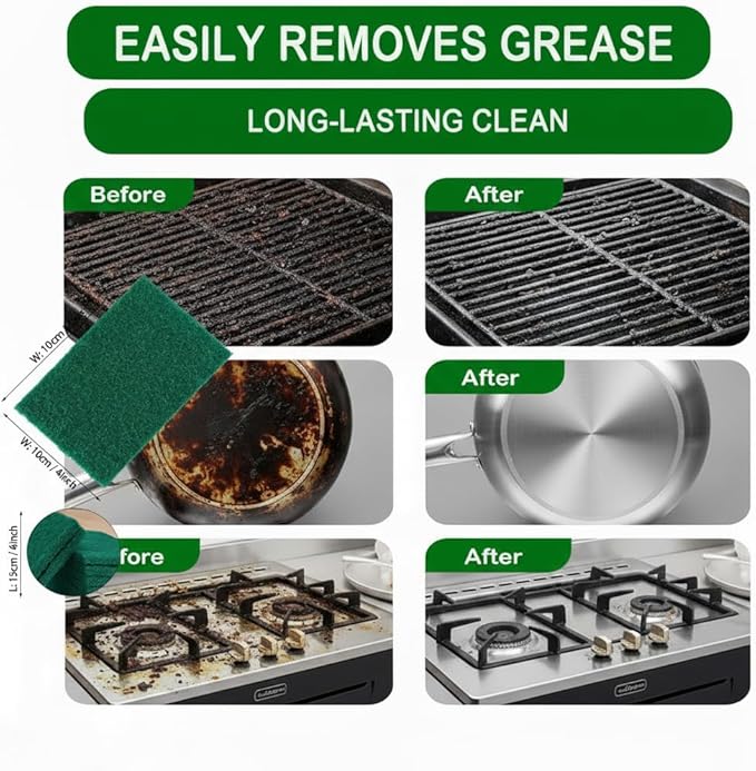 12-Pack Green Scrub Pads (5.91"x3.94"x0.24") - Non-Scratch Oil-Resistant, Multi-Functional for Kitchen/Bathroom/Grill & Oven