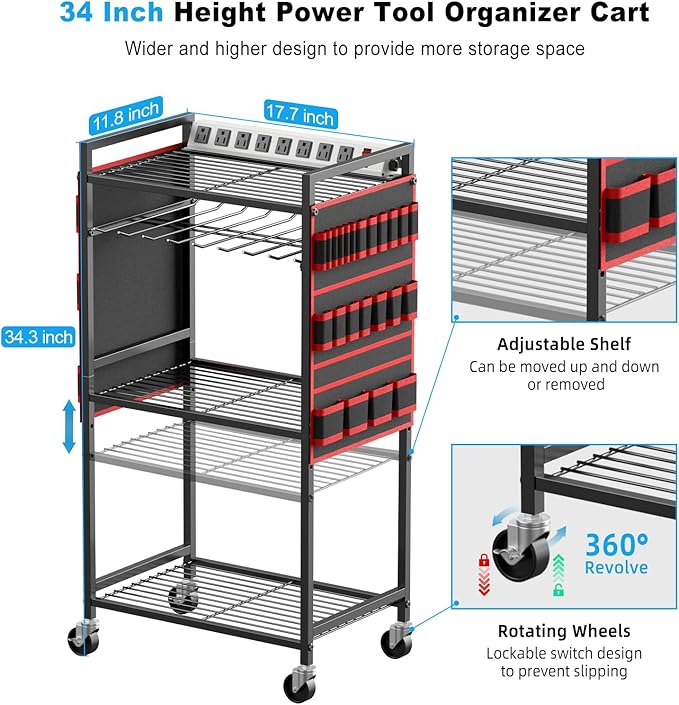 JUNNUJ Large Power Tool Organizer Cart with Charging Station, Garage Floor Standing Rolling Drill and Tools Battery Storage Cart on Wheels, Heavy Duty Utility Rack Shelf with 8 Outlet Power Strip, Red