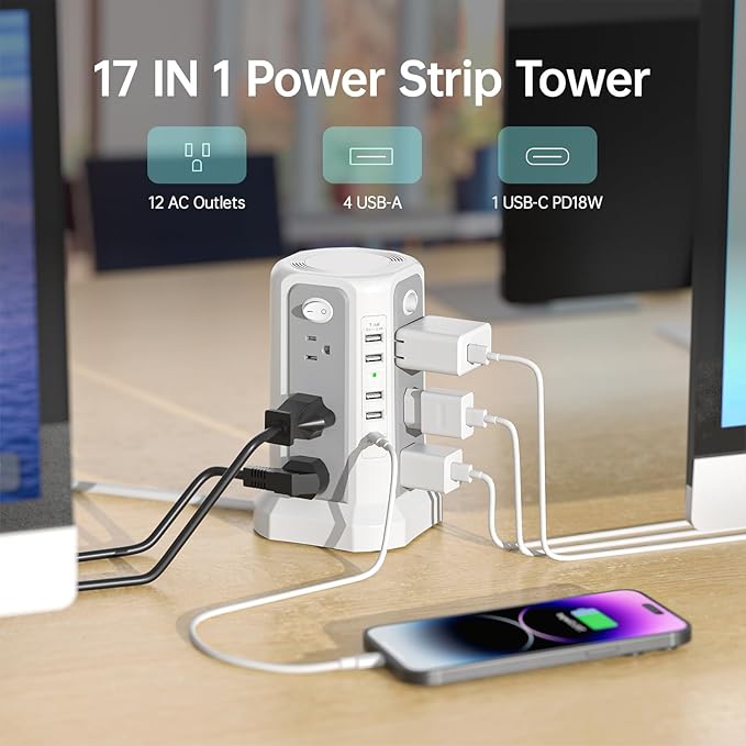 PASSUS Surge Protector Power Strip with USB C Port,10FT Extension Cord with 12 AC Outlets, Power Strips with Surge Protection for Home Office DormRoom