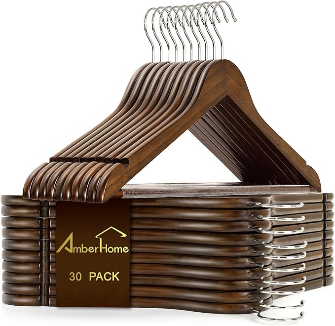 Amber Home 30-Pack Vintage Wooden Coat Hangers, Walnut Wood Suit Hangers with Non-Slip Pant Bar for Shirts, Jackets, Dresses, Pants - Retro
