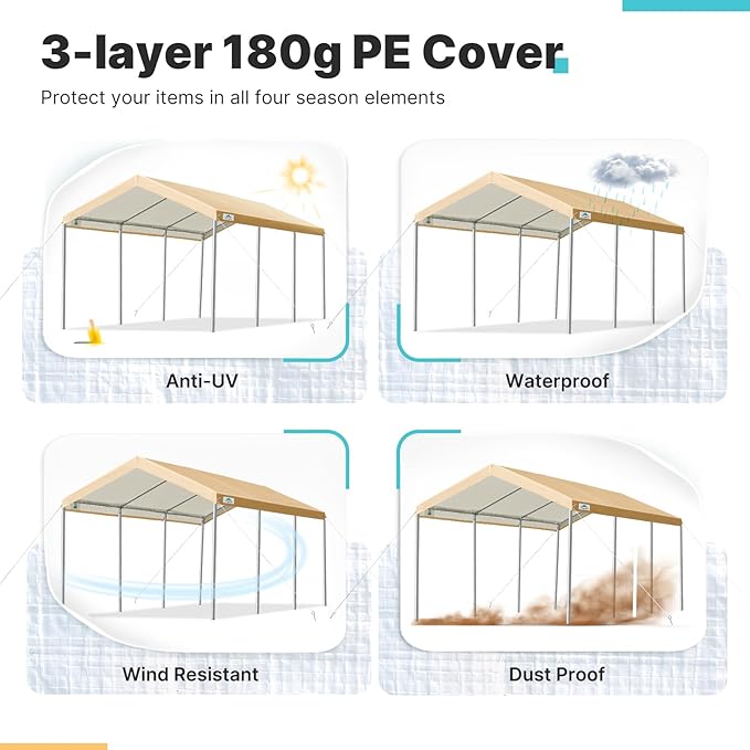 ADVANCE OUTDOOR 10x20 ft Heavy Duty Carport Potable Car Canopy Garage Party Tent Boat Shelter, Adjustable Height from 9.5 ft to 11 ft, Beige