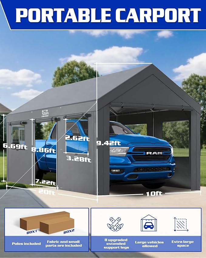 10x20ft Heavy Duty Carport, Waterproof UV Resistant Outdoor carports, Portable Garage Shelter with Rustproof Steel Frame, All Weather Protection for Vehicles Boats Equipment (Gray, 10x20ft)