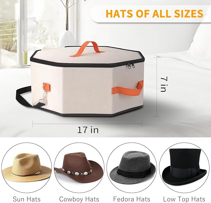 Hat Storage Box for Women & Men, Hardboard Support Hat Boxes with 1 Door Hook Hat Organizer, Cowboy Hat Box for Travel, Hat Bag Hat Case (Beige)