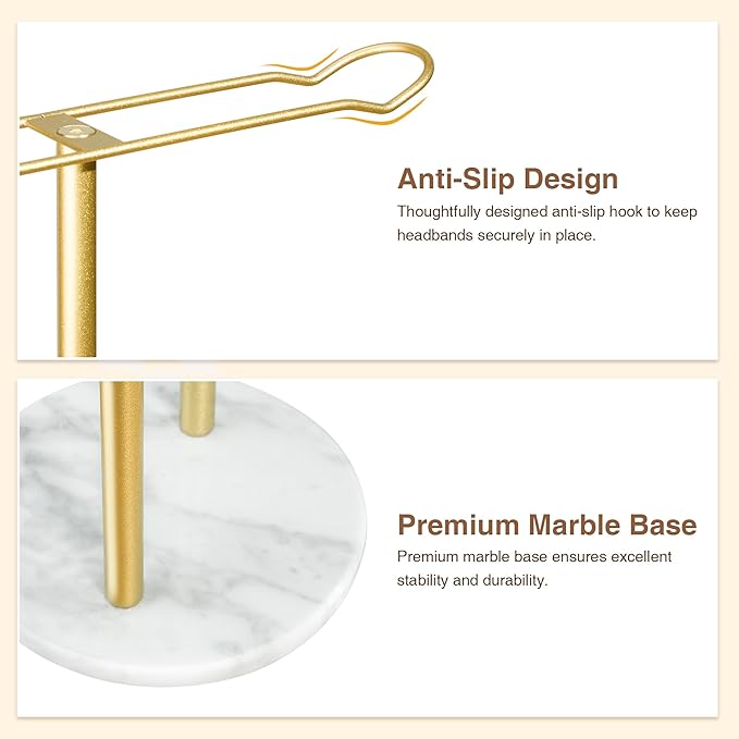 Headband Holder Organizer Two-Tier with Marble Base: Jewelry Display for Women, Hair Accessories Storage Stand Scrunchie Necklace rack for Girls, for Bathroom, Vanity, Dresser, Gold