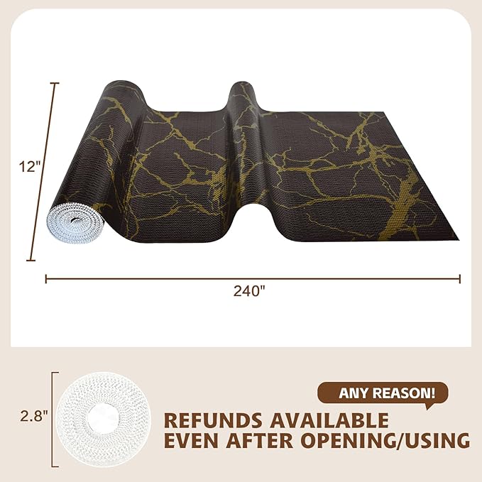 2-Layer Drawer and Shelf Liner for Kitchen Cabinet: 12in X 20Ft Non Slip Waterproof Shelf Paper Non Adhesive Refrigerator Liners Black/Gold Marble Easy Liners for Bathroom with Knife Tape Measure