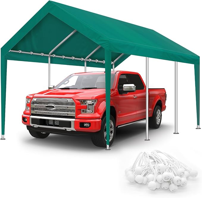 10x20FT Carport Canopy Replacement Cover Heavy Duty Waterproof & UV Protected, All Weather Car Shade Canopy with Ball Bungees (Green, 10'x20')