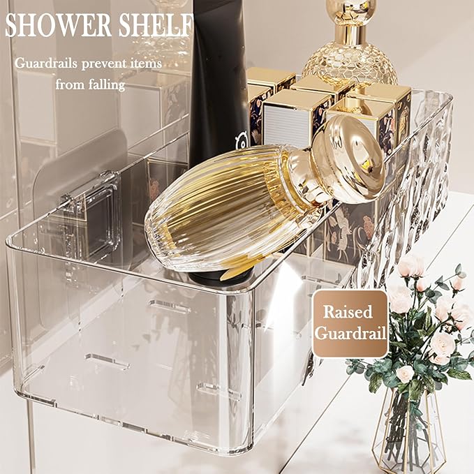 Wall Mounted Bathroom Caddy Organizer, Adhesive Shower Shelf for Inside Shower Caddy Plastic Bathroom Organizers and Storage for Wall, Makeup, Bath, Home Decor, No Drilling (Clear)