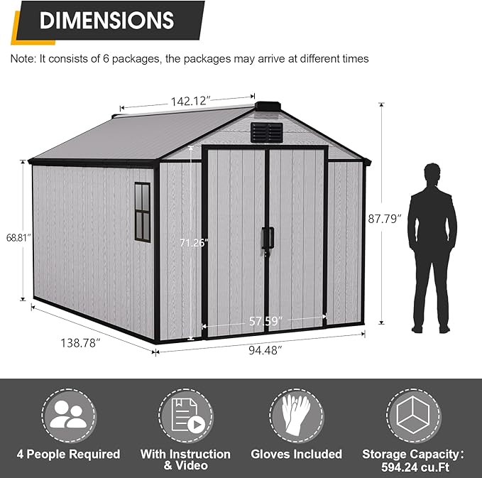 MELLCOM 8 x 12 FT Outdoor Resin Storage Shed with Floor, Garden Storage Shed with Windows and Lockable Door, Resin Tool Shed for Lawnmower,Pool Supply,Bike