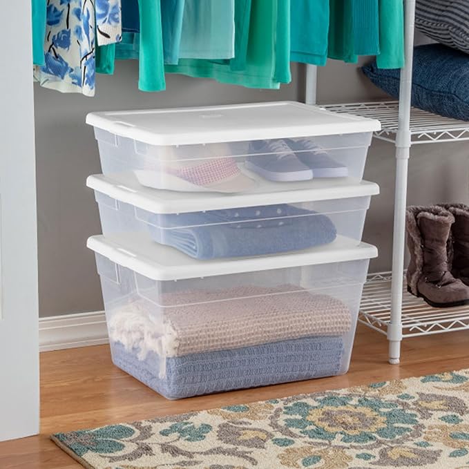 Sterilite 40 Pack Storage Box, 28 Quart Stackable Tote, Clear Plastic Container with Secure Snapping Lids for Home and Office Organization, White