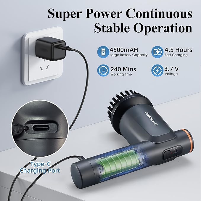 Electric Spin Scrubber, Bathroom Shower Scrubber with LCD Display, 2 Speeds Electric Scrubber for Cleaning with 6 Replaceable Heads, 4-Hour Runtime‌, Cleaning Brush for Kitchen/Car, Gray-Black